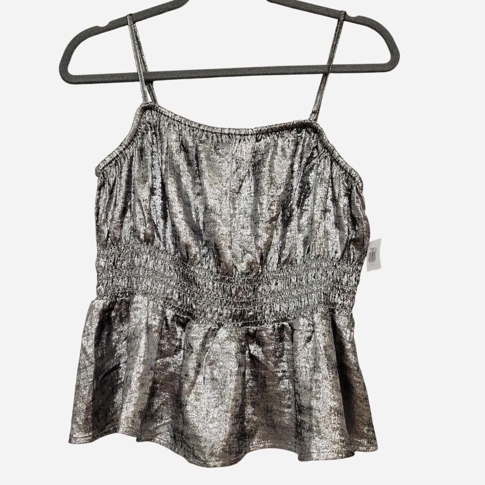 NWT Old Navy Women's L Silver Metallic Smocked Waist Strappy Top